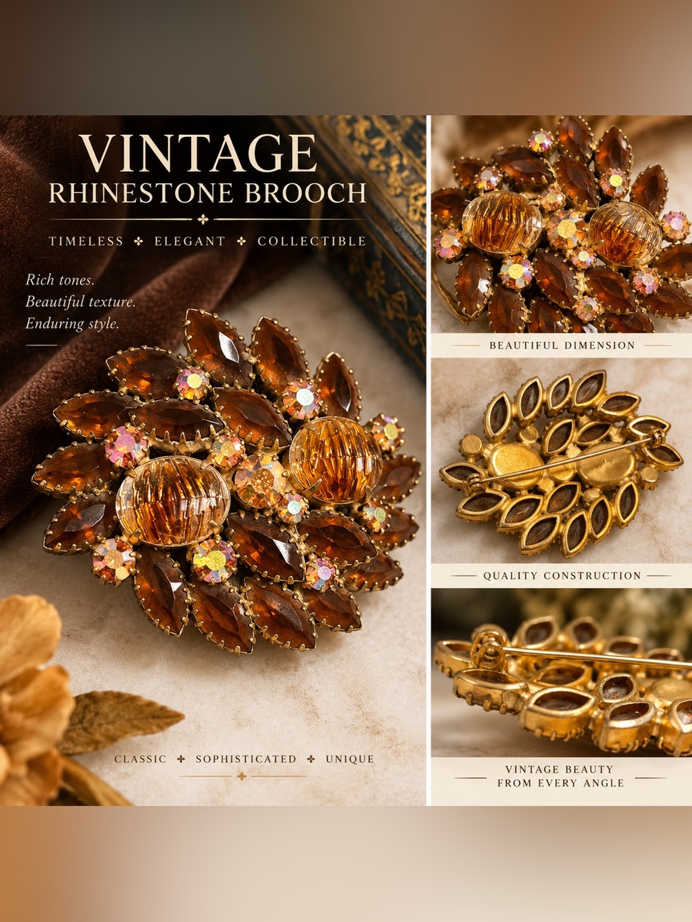 Vintage Amber Rhinestone Floral Brooch - Gold Tone